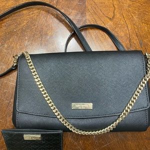 Kate spade purse with matching card case black with gold accent chain